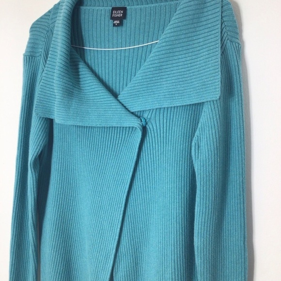 Eileen Fisher sweater women small blue cotton wide collar wrap cardigan - Picture 1 of 7